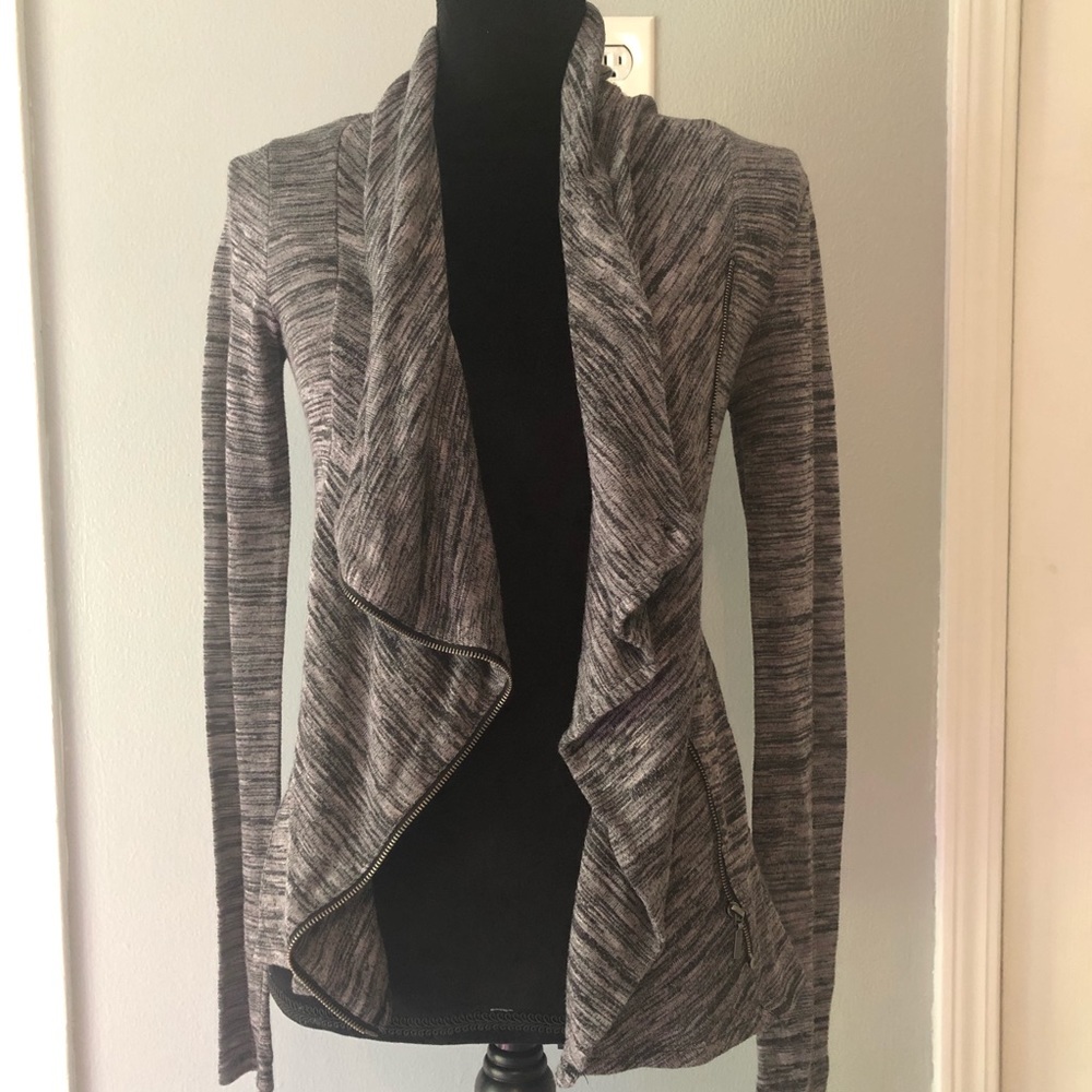 Zip up cardigan. Medium grey with dark grey mix